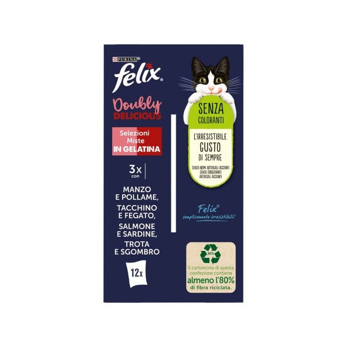 Purina Felix Le Ghiottonerie ternera/pavo/salmón/trucha, comida húmeda para gatos adultos, bolsa de 12 x 85 g