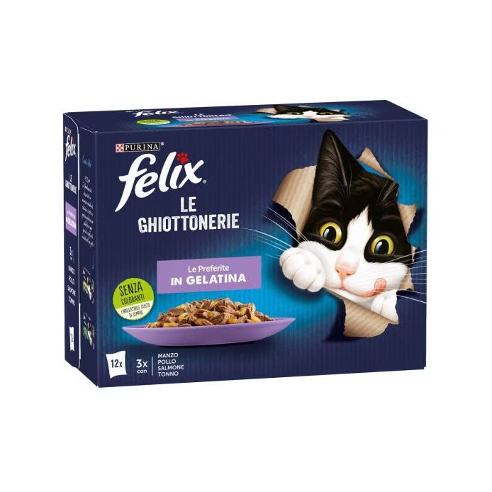 Purina Felix Le Ghiottonerie Sabor a ternera/pollo/salmón/atún Comida húmeda para gatos adultos Bolsa de 12 x 85 g