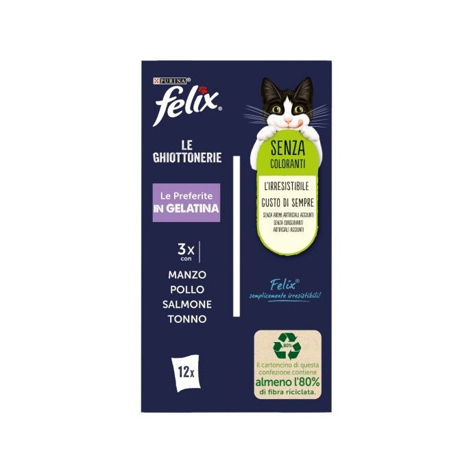 Purina Felix Le Ghiottonerie Sabor a ternera/pollo/salmón/atún Comida húmeda para gatos adultos Bolsa de 12 x 85 g