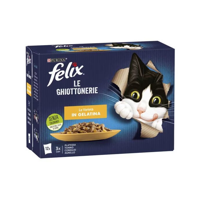 Purina Felix Le Ghiottonerie Sabor Platija/Atún/Conejo/Cordero Comida húmeda para gatos adultos Bolsa 12x85g
