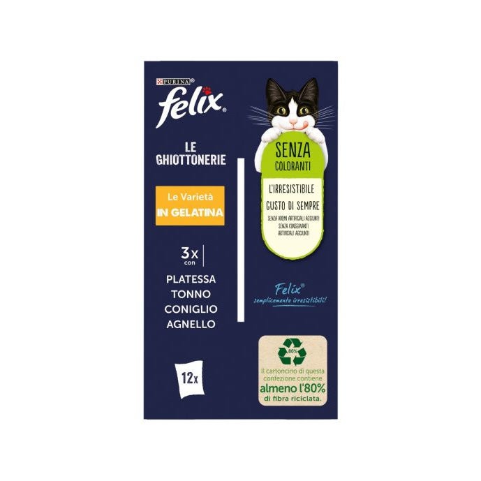 Purina Felix Le Ghiottonerie Sabor Platija/Atún/Conejo/Cordero Comida húmeda para gatos adultos Bolsa 12x85g