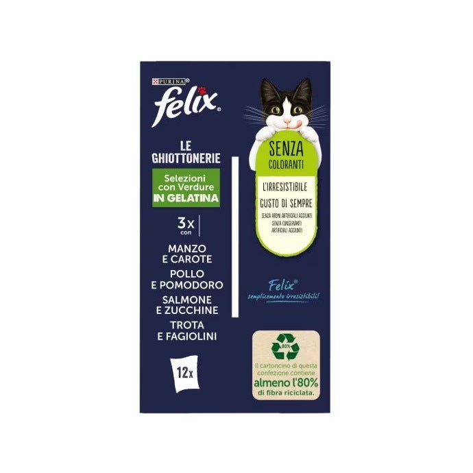 Purina Felix Le Ghiottonerie Manzo/Pollo /Salmone/Trota Con Verdure Cibo Umido Gatti Adulti Busta 12x85g