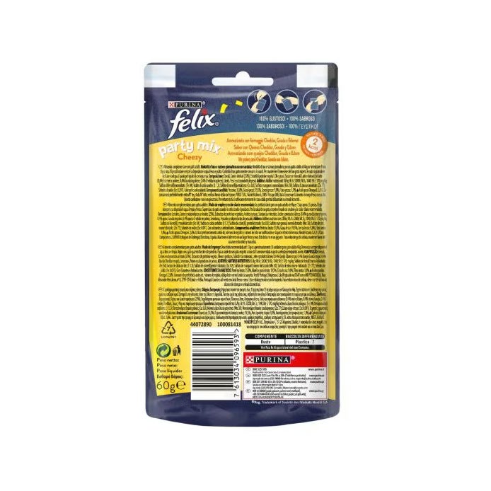 Purina Felix Party Mix Cheezy con Quesos, Snack para Gatos Adultos, Bolsa de 60 g