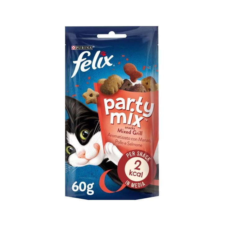 Purina Felix Party Mix Mixed Grill ternera/pollo/salmón, snack para gatos adultos, bolsa de 60 g
