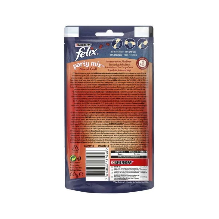 Purina Felix Party Mix Mixed Grill ternera/pollo/salmón, snack para gatos adultos, bolsa de 60 g