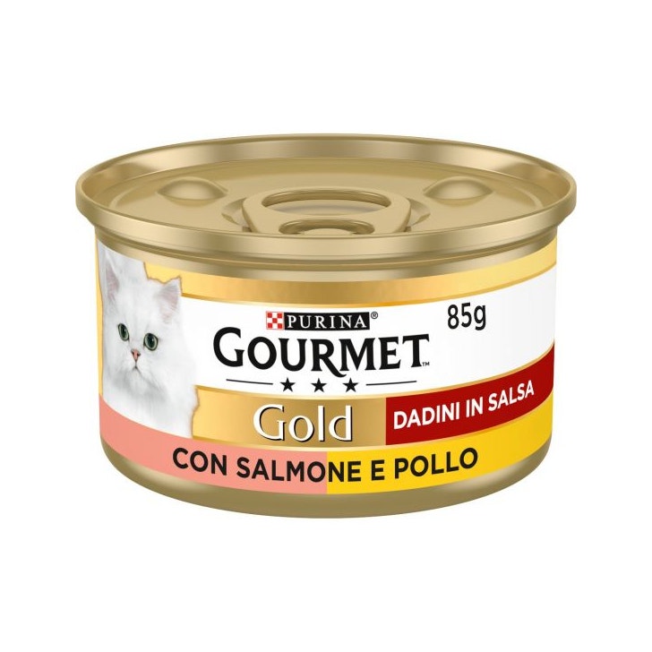 Purina Gourmet Gold Cubitos en salsa con salmón y pollo para gatos, lata de 85 g