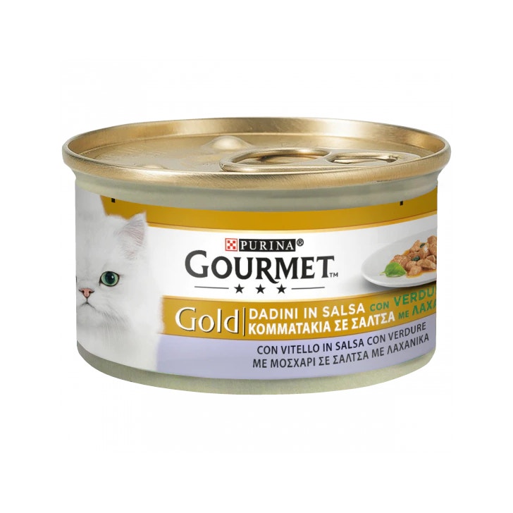 Purina Gourmet Gold Cubitos en salsa con ternera y verduras para gatos, lata de 85 g