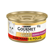 Purina Gourmet Gold Doble Placer con ternera y pollo para gatos, lata de 85 g