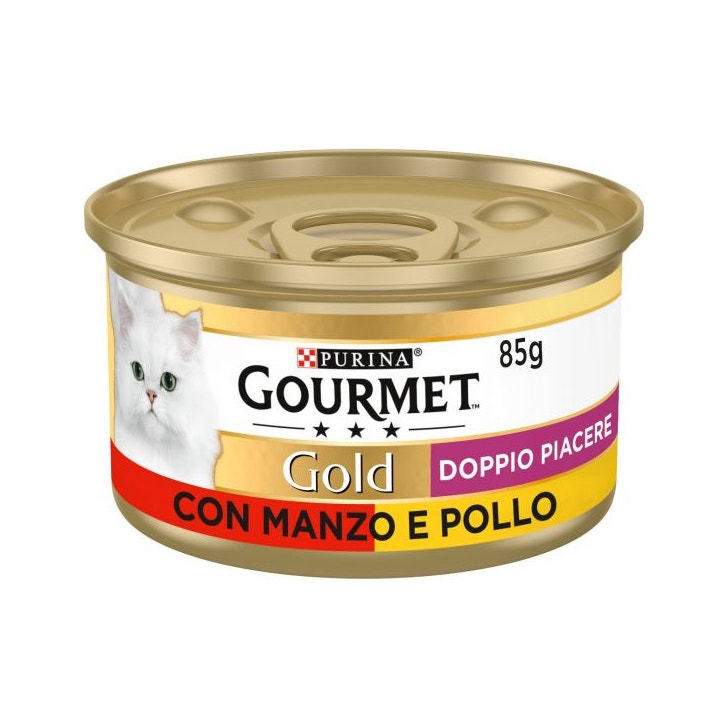 Purina Gourmet Gold Doble Placer con ternera y pollo para gatos, lata de 85 g