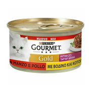 Purina Gourmet Gold Entrelazados de Pollo y Ternera para Gatas, Lata de 85 g