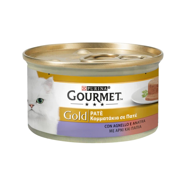 Purina Gourmet Gold Paté con cordero y pato para gatos, lata de 85 g