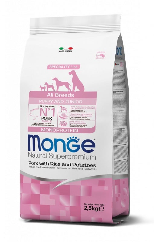 Monge Natural Superpremium All Breeds Cerdo con Arroz y Patatas, Pienso Seco para Perros Cachorros, Saco de 2,5 kg