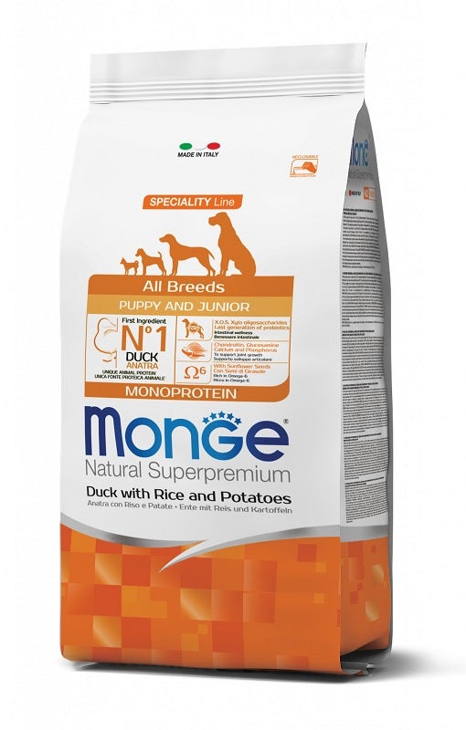 Monge Natural Superpremium All Breeds Pato con Arroz y Patatas, Pienso Seco para Cachorros, Saco de 12 kg