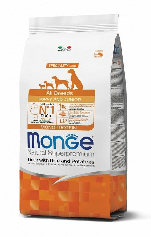 Monge Natural Superpremium All Breeds Pato con Arroz y Patatas, Pienso Seco para Cachorros, Saco de 12 kg