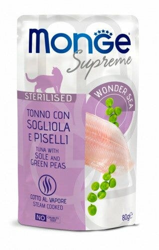 Monge Supreme Trozos de atún con lubina y guisantes para gatos adultos esterilizados, bolsa de 80 g