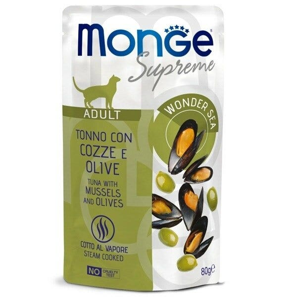 Monge Supreme Trozos de atún con mejillones y aceitunas, comida húmeda para gatos adultos, 80 g