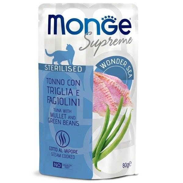 Monge Supreme Trozos de atún con salmonete y judías verdes, comida húmeda para gatos adultos esterilizados, 80 g