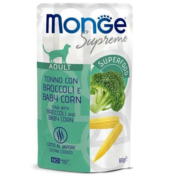 Monge Supreme Trozos de atún con brócoli y maíz tierno, comida húmeda para gatos adultos, 80 g