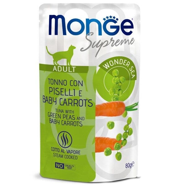 Monge Supreme Trozos de atún con guisantes y zanahorias baby para gatos adultos, bolsa de 80 g