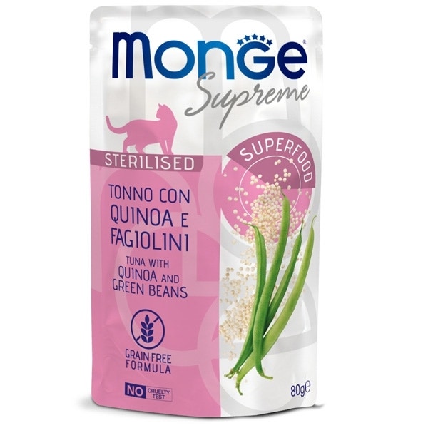 Monge Supreme Trozos de atún con quinoa y judías verdes. Comida húmeda para gatos adultos esterilizados 80 g