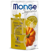 Monge Supreme Trozos de atún con quinoa y calabaza, comida húmeda para gatos adultos esterilizados, 80 g