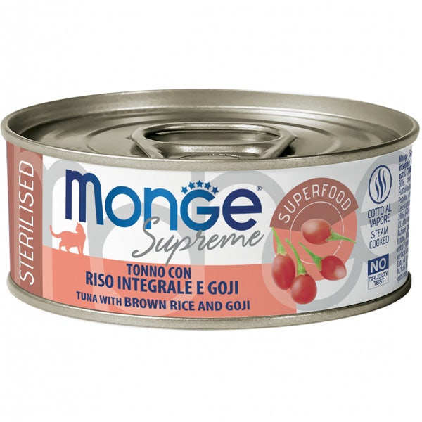 Monge Supreme Atún, Arroz Integral y Goji, Comida Húmeda para Gatos Adultos Esterilizados 80 g