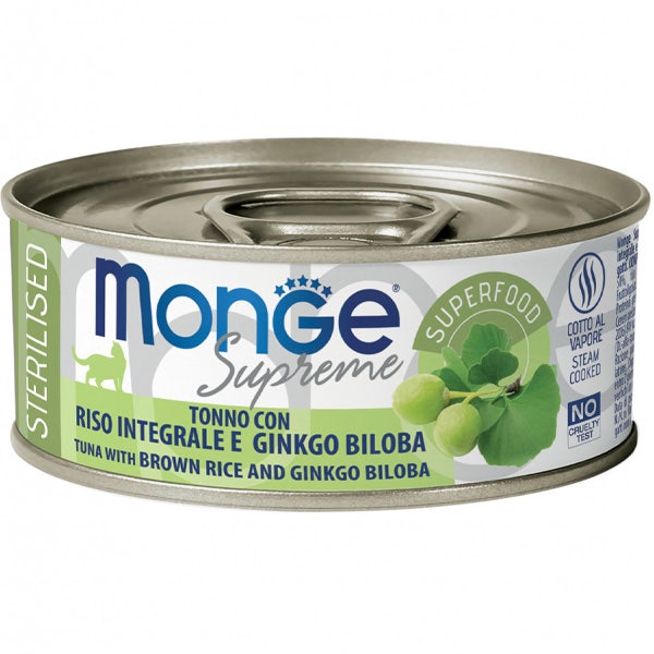 Monge Supreme Atún, Arroz Integral y Ginkgo Biloba. Comida húmeda para gatos adultos esterilizados, 80 g