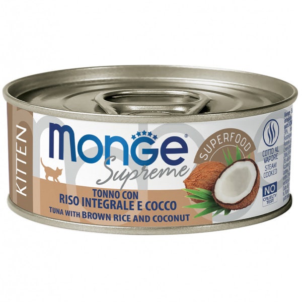 Monge Supreme Atún, Arroz Integral y Coco, Comida Húmeda para Gatitos, 80 g