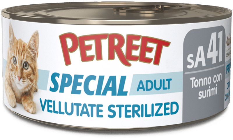 Petreet Crema de atún con surimi y aroma a cangrejo, comida húmeda para gatos esterilizados, lata de 70 g