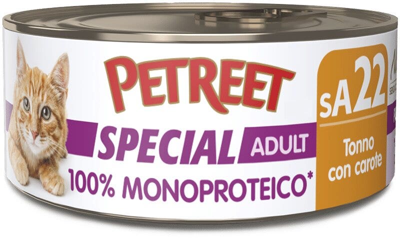 Petreet Monoproteico Tonno Con Carote Cibo Umido Gatto Adulto Barattolo 60g