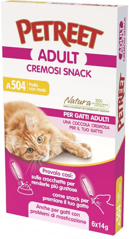 Petreet Snack de pollo con maíz, comida húmeda para gatos adultos, 6 bolsitas