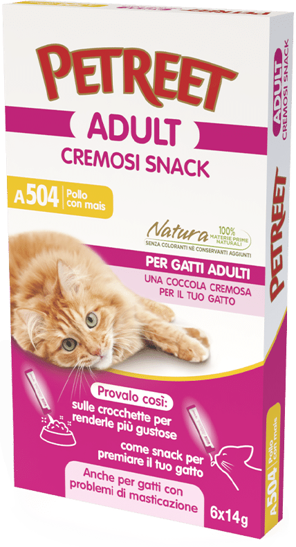 Petreet Snack de pollo con maíz, comida húmeda para gatos adultos, 6 bolsitas