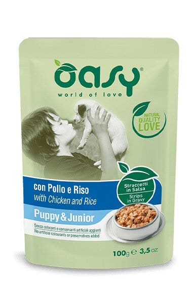 Oasy Tiras en salsa con pollo y arroz para cachorros, sobre de 100 g