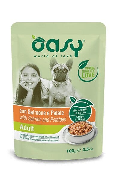 Oasy Tiras en salsa con salmón y patatas para perros adultos, sobre de 100 g