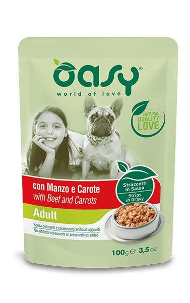 Oasy Tiras en salsa con ternera y zanahorias para perros adultos, sobre de 100 g