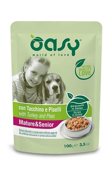 Oasy Tiras en salsa con pavo y guisantes para perros adultos/mayores, sobre de 100 g