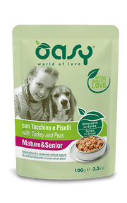 Oasy Tiras en salsa con pavo y guisantes para perros adultos/mayores, sobre de 100 g