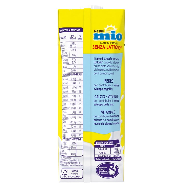 Nestlé Mio Leche de crecimiento sin lactosa, envase de cartón de 500 ml