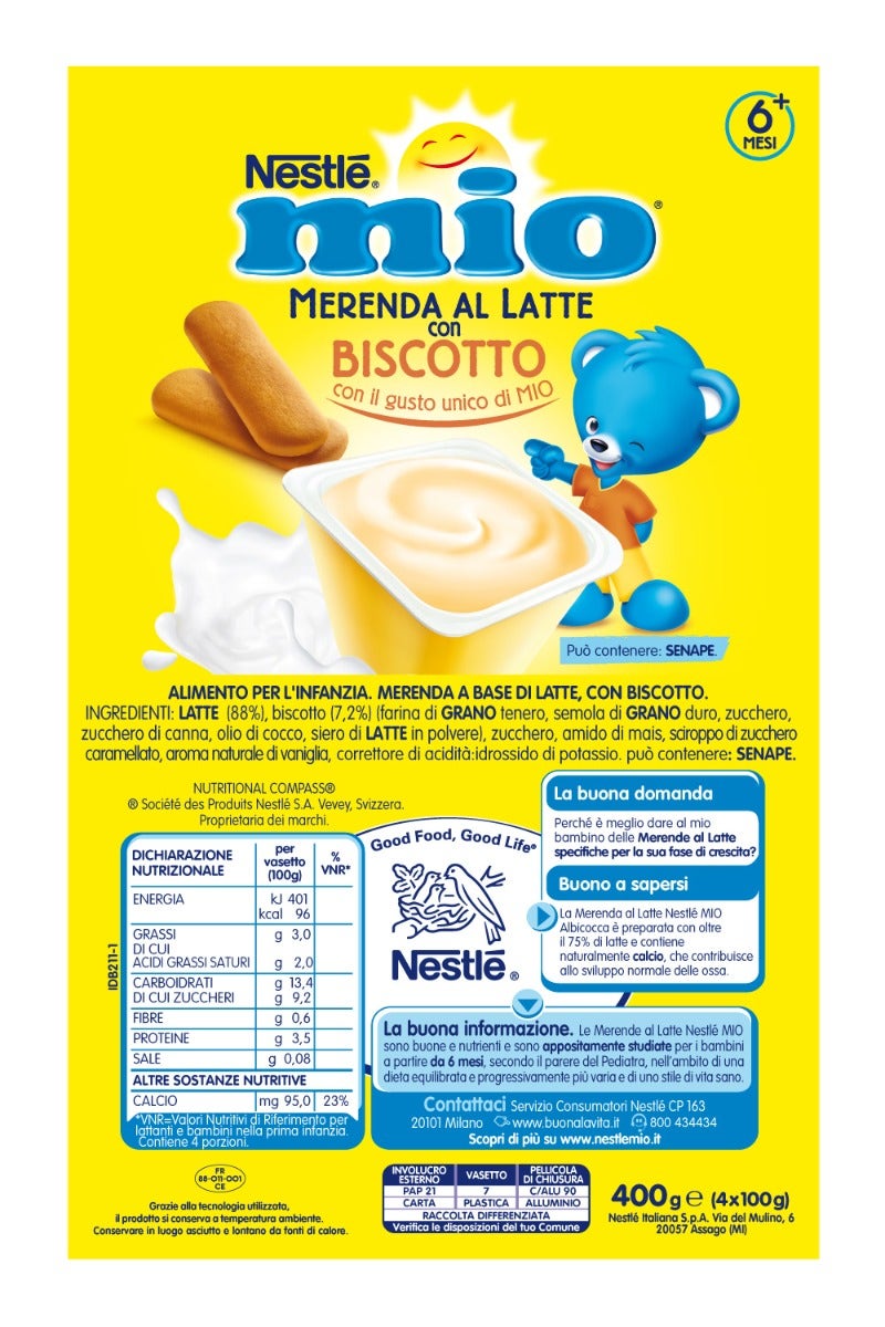 Nestlé Mio Merenda Al Latte Biscotto 4 Vasetti Da 100g