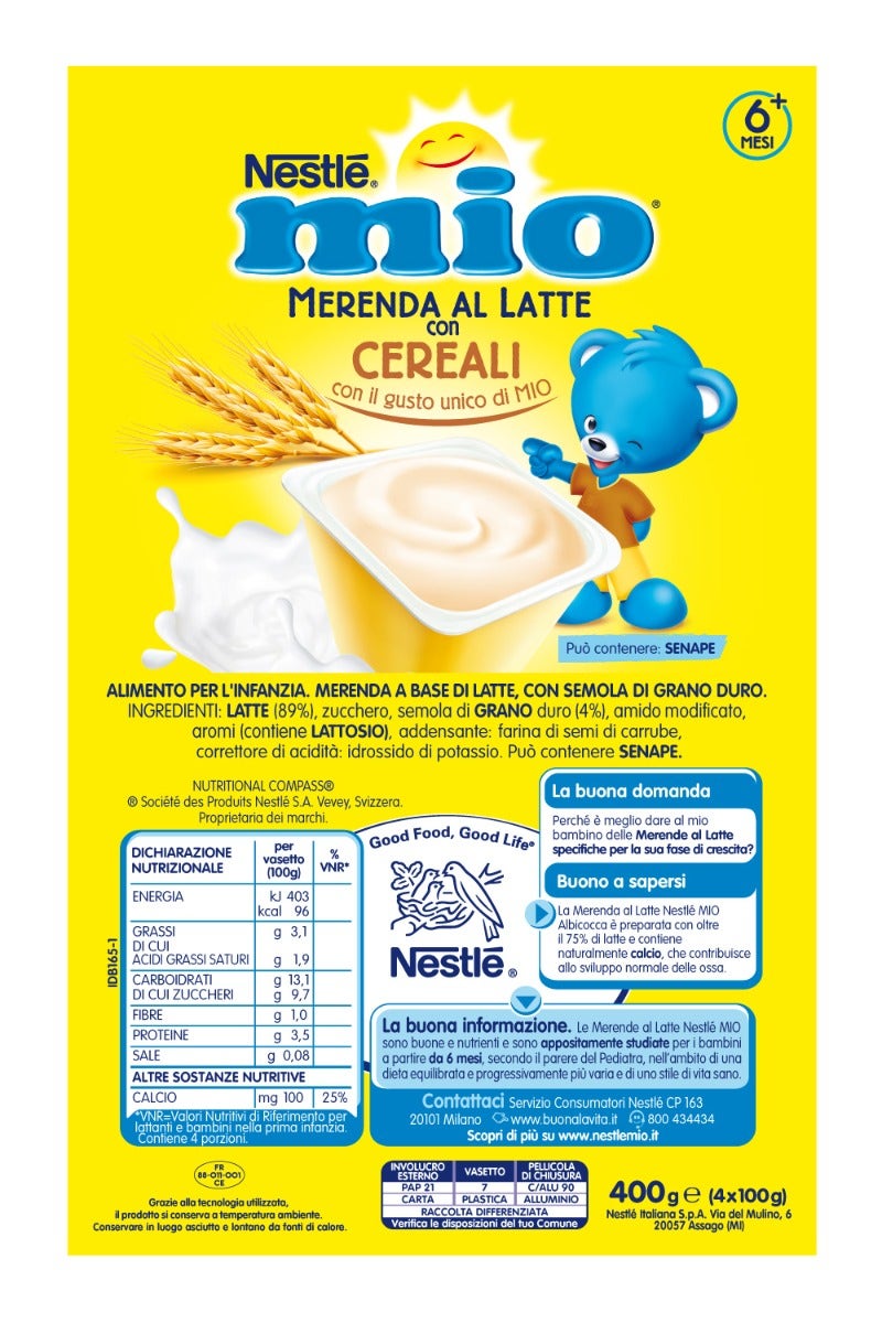 Nestlé Mio Merenda Al Latte Cereali 4 Vasetti Da 100g