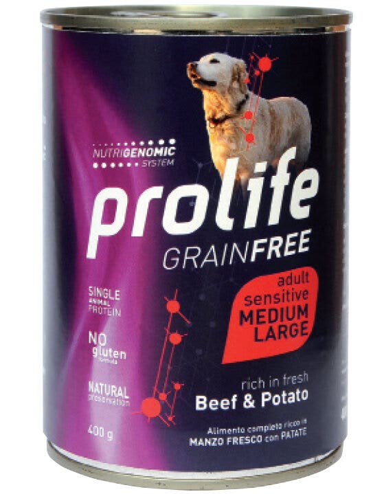 Prolife Dog Grain Free Sensitive Beef & Potato para adultos medianos-grandes, lata de 400 g