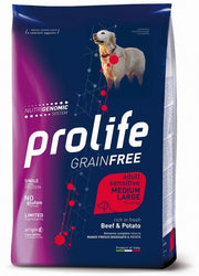 Prolife Dog Grain Free Sensitive Beef & Potato Comida seca para perros adultos de tamaño mediano/grande, saco de 10 kg