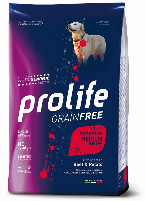 Prolife Dog Grain Free Sensitive Beef & Potato Comida seca para perros adultos de tamaño mediano/grande, saco de 10 kg