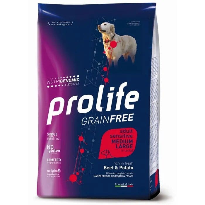 Prolife Dog Grain Free Sensitive Beef & Potato Comida seca para perros adultos de tamaño mediano/grande, saco de 10 kg