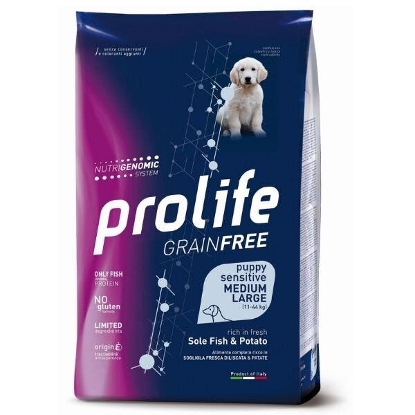 Prolife Grain Free Sensitive Sol, pescado y patata. Pienso seco para cachorros de razas medianas/grandes. Saco de 2,5 kg