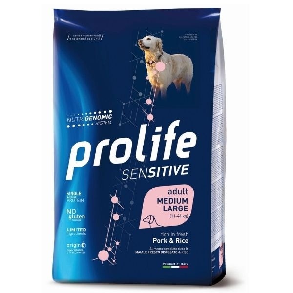Prolife Sensitive Adult Medium/Large Pork & Rice, pienso seco para perros de gran tamaño, saco de 2,5 kg