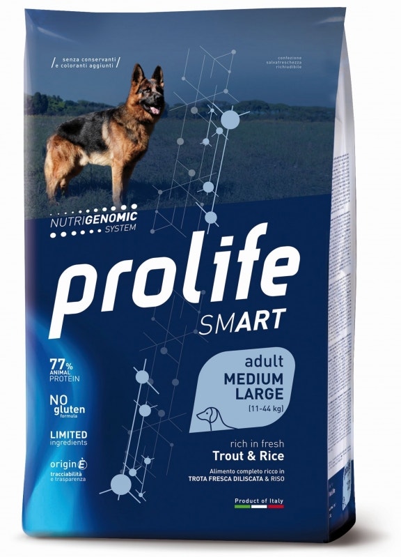 Prolife Dog Smart Trucha y Arroz - Pienso seco para perros adultos de tamaño mediano/grande - Saco de 12 kg