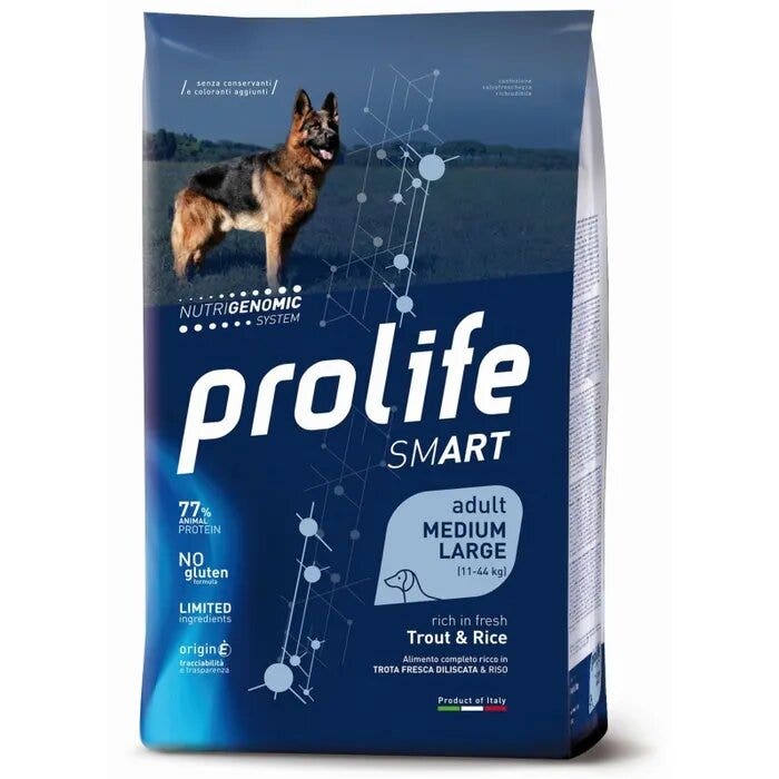 Prolife Dog Smart Trucha y Arroz - Pienso seco para perros adultos de tamaño mediano/grande - Saco de 12 kg