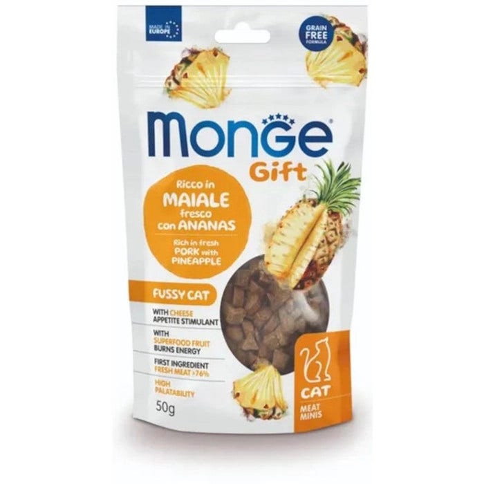 Monge Meat Minis para gatos con poco apetito, rico en cerdo con piña y queso 50 g