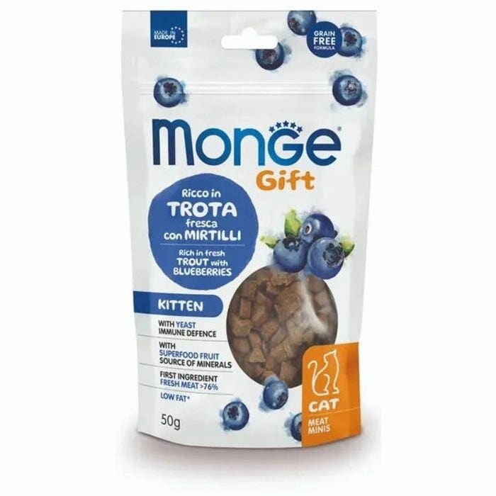 Monge Meat Minis Snack para gatitos: trucha fresca con arándanos, 50 g